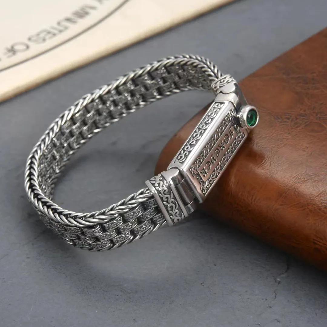QN Silver Color 2026 Green Stone Vine and Grass Pattern Woven Bracelet for Men s Personalized Retro Ethnic Style Fashion Jewelry 18cm