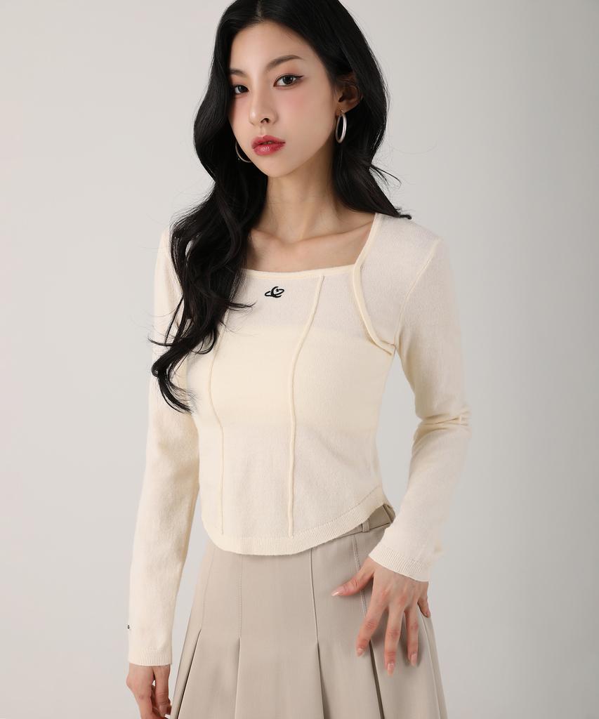 AVANDRESS Square Neck Line Crop Long Sleeve Knit Sora