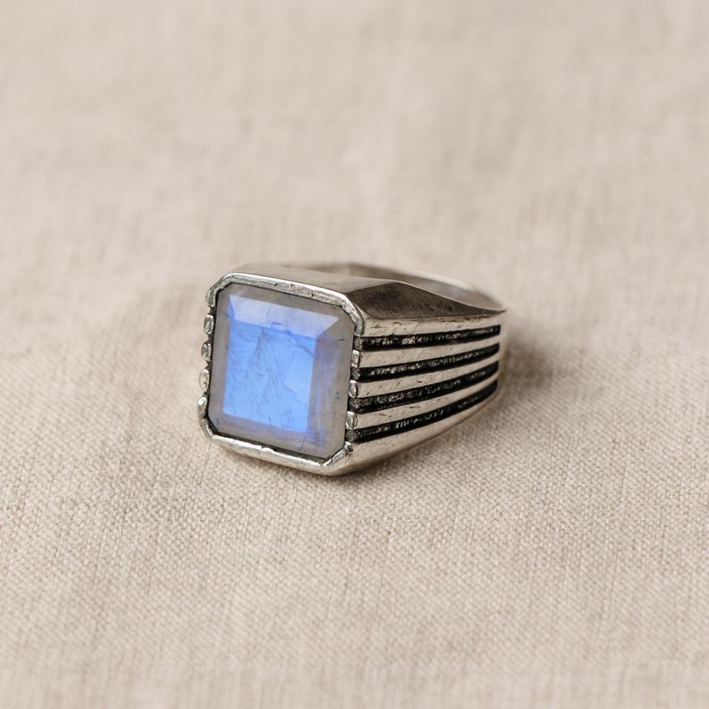 Rainbow Moonstone Signet Ring, Handmade 925 Sterling Silver Jewelry, Square Cut Gemstone Ring, Men Women Ring
