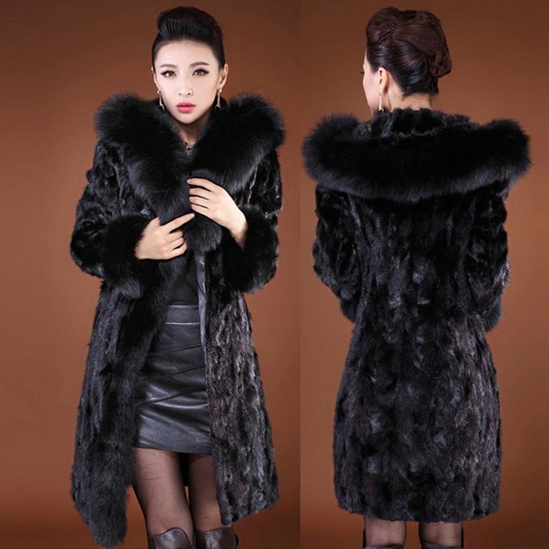 autumn and winter new imitation mink coat, black women's long imitation fox hair hooded casual warm coat