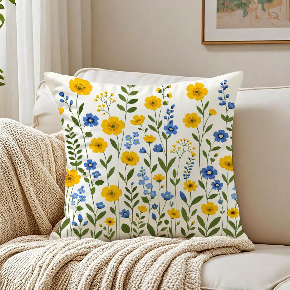 Yellow Blue Wildflower Pillow Case Organic Short Plush Cushion Covers Breathable Washable WrinkleResistant
