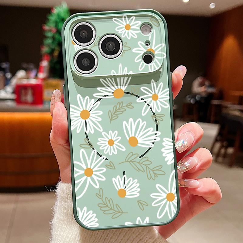 White Line Flowers Magnetic Phone Case For iPhone 17 Pro Max 16 15 14 13 Pro Max For Magsafe Wireless Charge TPU PC Back Cover