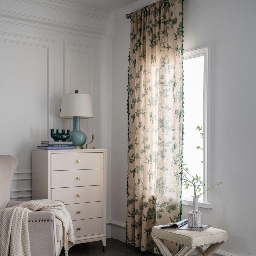 Cortinas Boho con Borla Verde para Dormitorios y Salas de Estar, Cortinas Bohemias Semitransparentes con Diseños de Hojas Verdes, 1 Panel