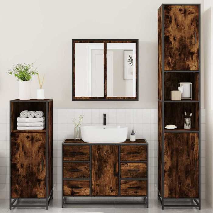 VidaXL Ensemble meubles salle de bain 4 pcs chêne fumé bois ingénierie, armoire de salle de bain, armoire de rangement de 3301202