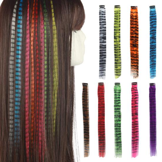 Women Clip-in Raccoon Tail Hair Extension Heat Resistant Natural Looking Long Straight Synthetic Stripe Printed Hairpiece Wig
