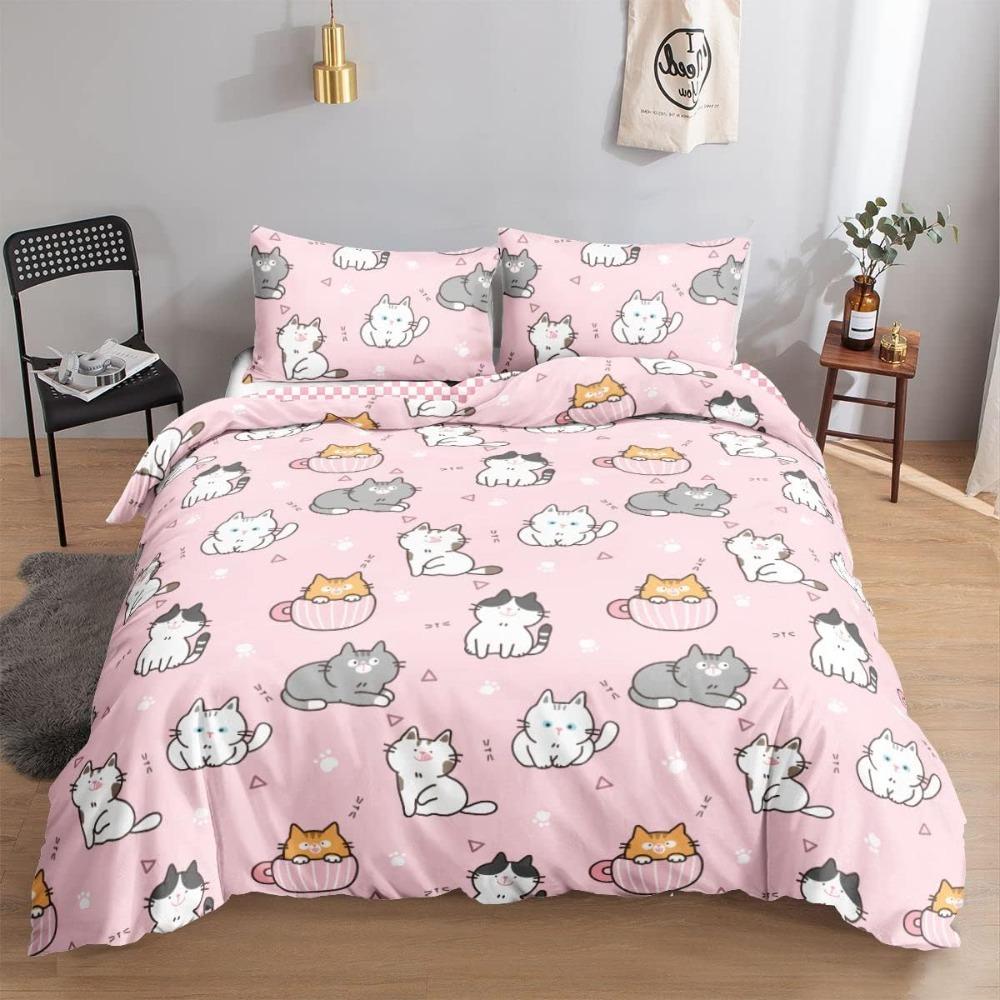 Cat Bedding Set, Duvet Cover for Children Adults,  Cute Pink Cat Chec Pattern Duvet Cover with Pillowcase Microfibre Bedding Set