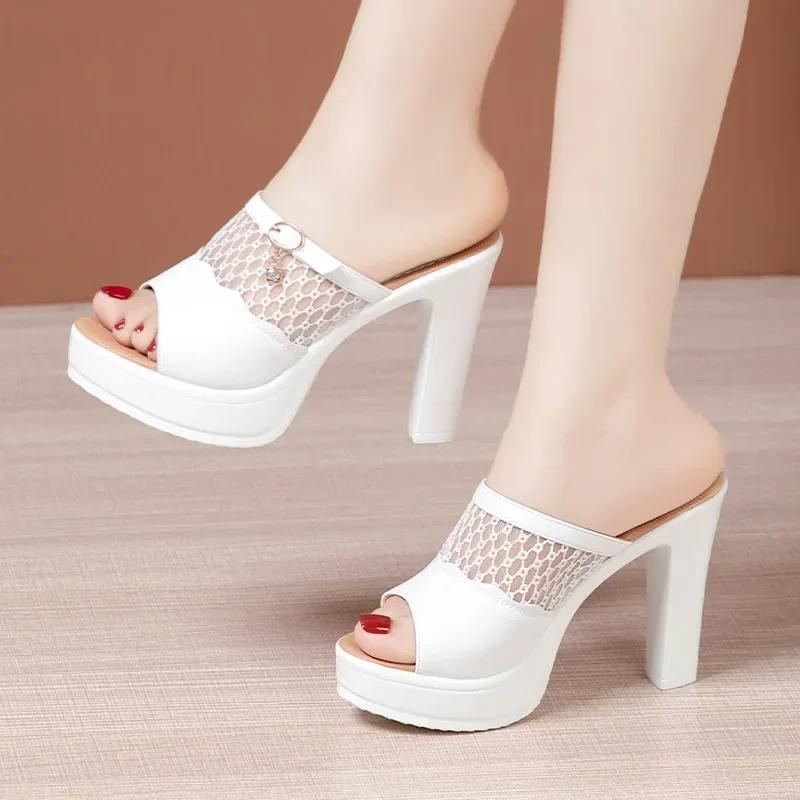 8cm 10cm Small Size 32-43 Cutout Mesh Leather Slippers Women Platform Shoes 2025 Summer Block High Heels Slides for Office MOdel
