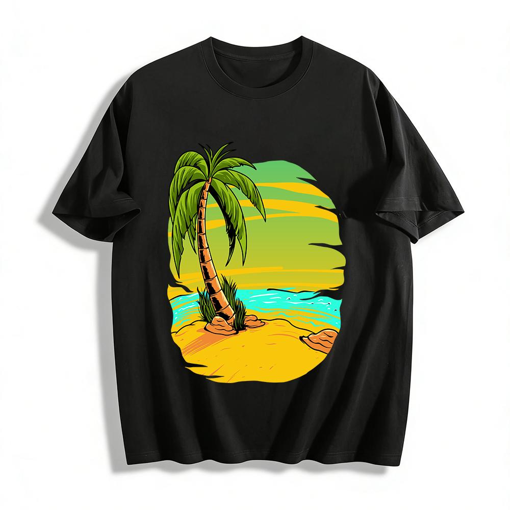 Vintage Tropical Coconut Tree Beach Print Casual Tee Pure cotton T-shirt XXS