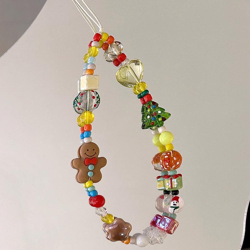 Christmas Cartoon Gingerbread Man Phone Chain CCD Lanyard Pendant Cute Beaded DIY Camera Chain Pendant