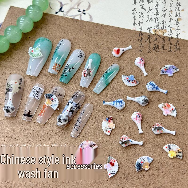Ancient Jade Fan & Vase Nail Art Accessories with Ink Wash Rhinestones