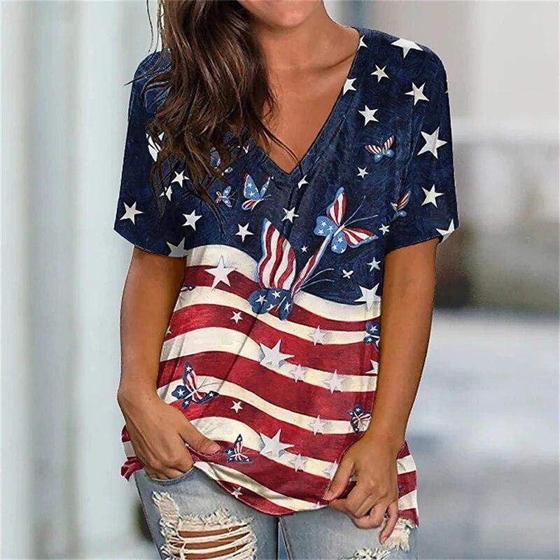 Summer American Flag USA 3D Print T-shirts Women Streetwear T Shirt Y2k Tops V-Neck Sports Tees Girl Oversized Harajuku Clothing