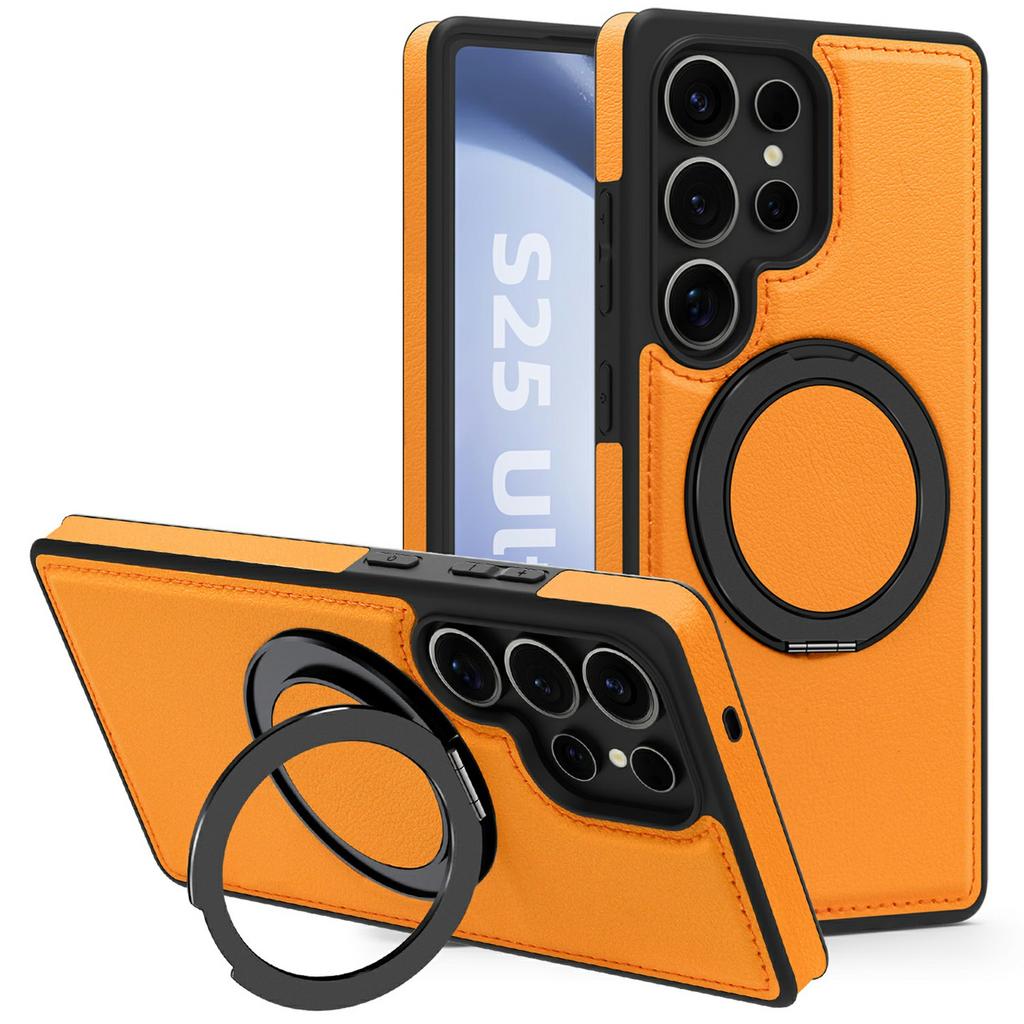 For Samsung Galaxy S25 Ultra Case with Ring Kickstand Magnetic Case PU Leather Back Cover
