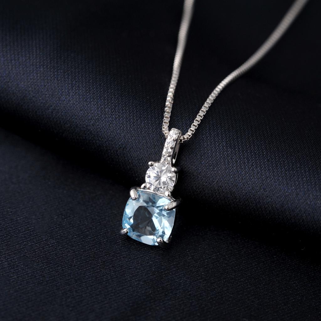 Potiy Cushion Natural Sky Blue Topaz 925 Sterling Silver Pendant Gemstone Statement Necklace Women No Chain Cute Valentines Gift