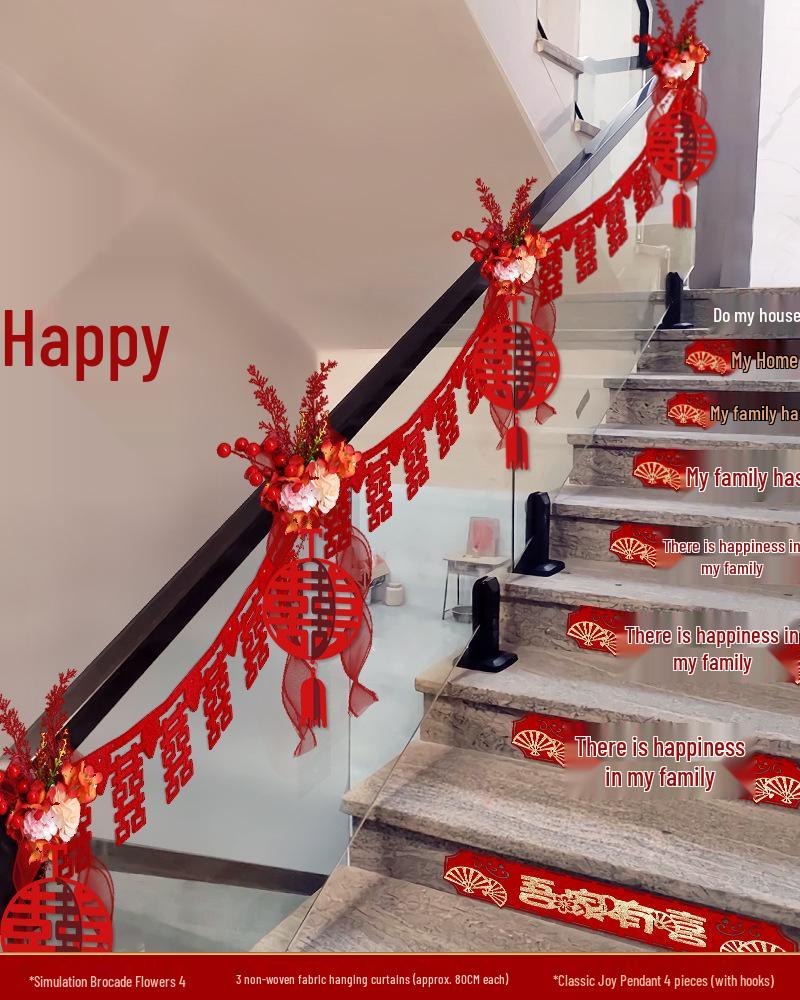 Wedding Stair Railing Decoration Set with Double Happiness Pull Flowers