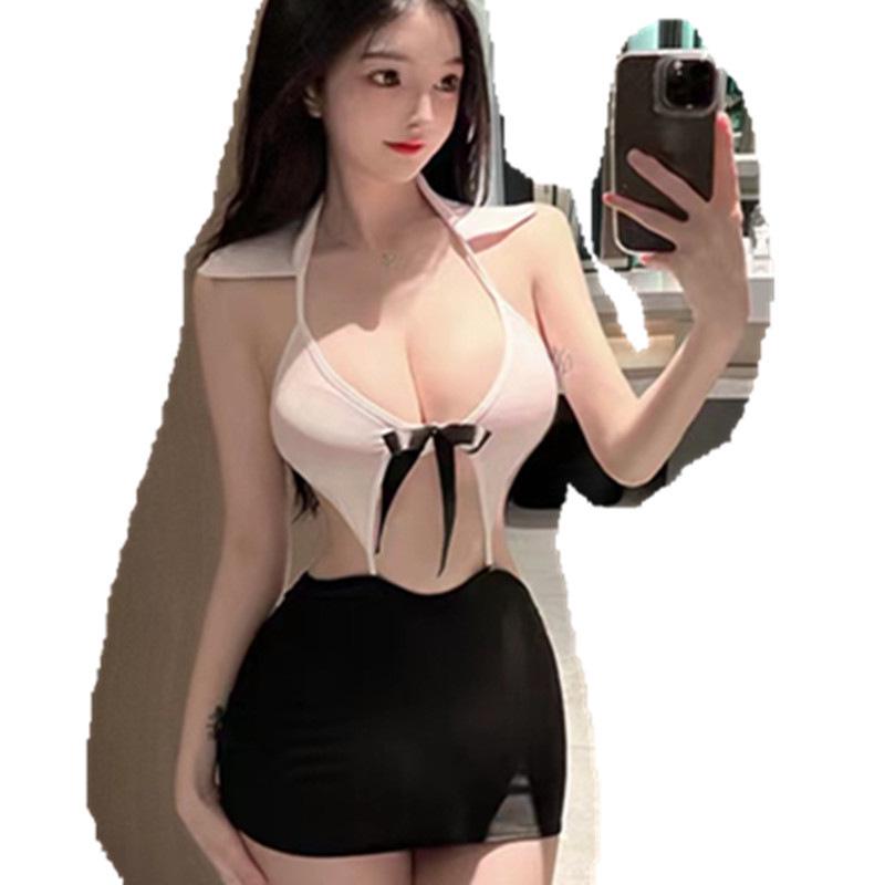 Illusion Dream Lingerie: Sexy Backless Halter Secretary Role Play Set
