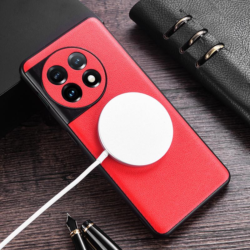 Compatible with MagSafe Charger Case for OnePlus 11 5G PU Leather Coated TPU+PC Phone Back Cover