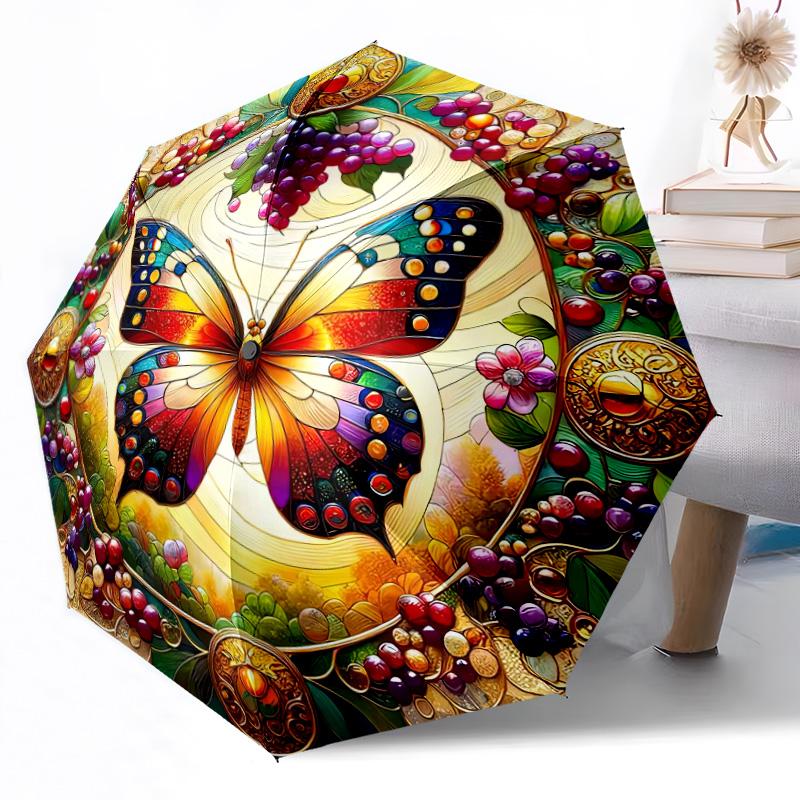 1pc Floral Harmony In Red Portable Automatic Umbrella Elegant Collapsible Folding Umbrella with 8 Ribs Durable Plastic Iron Perfect Birthday Gift Y12