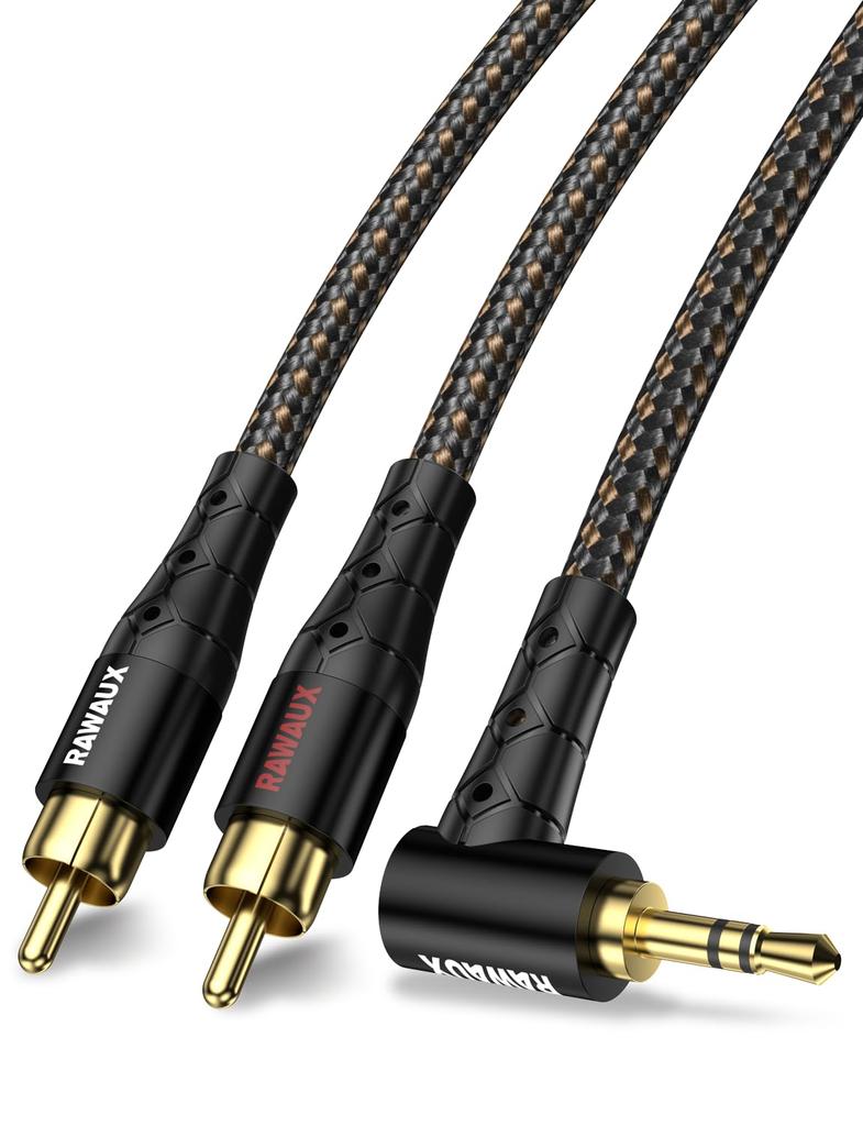 RAWAUX RCA To Converter Audio 90 Degree TRS Plug To 2 RCA Stereo Right Angle AUX To Phono Red and White 24K Gold Plated AUX Adapter Cable for Mobile