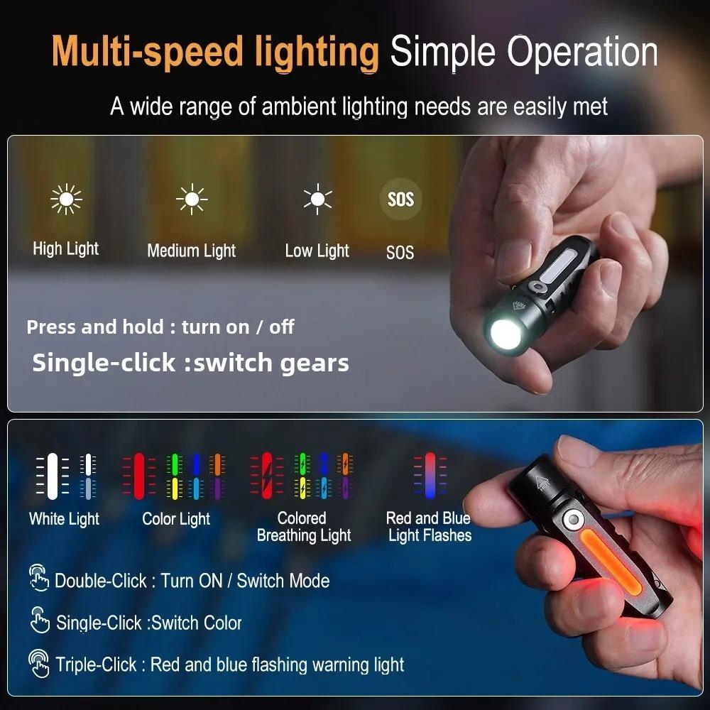 Multi-Light Source Mini Keychain Flashlight with Clip & Magnetic Waterproof Type-C Charging Work Light for Outdoor Camping