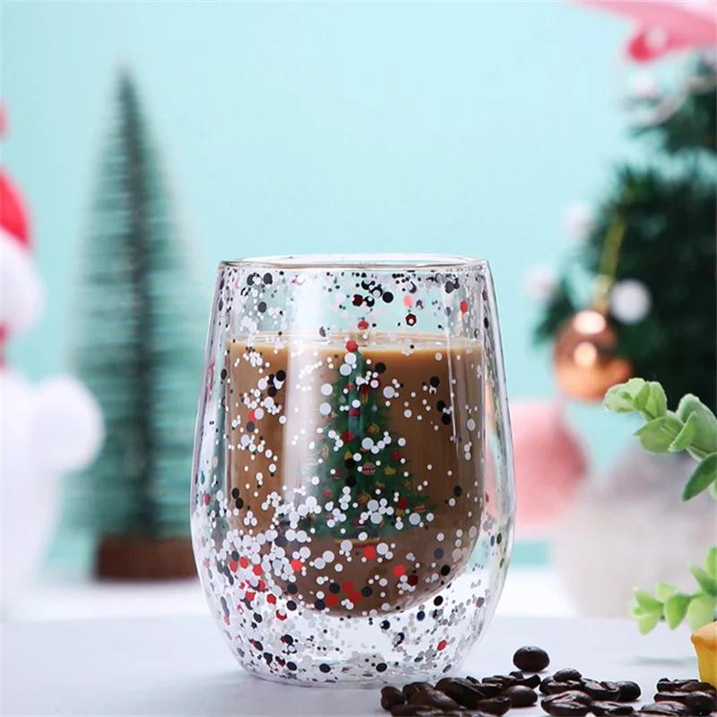 Weihnachts-Doppelwand-Glasbecher, hitzebeständig, Wasserbecher, Weihnachtsbaum, Schneemann-Muster, Saft, Tee, Milch, Kaffeebecher, Weihnachtsgeschenk