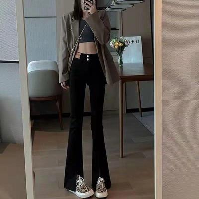 High-Waisted Black Flared Women's Slit Jeans, Slim Fit for Spring & Autumn 2023