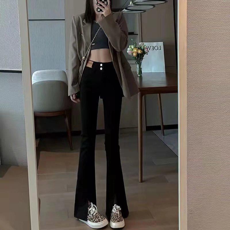 High-Waisted Black Flared Women's Slit Jeans, Slim Fit for Spring & Autumn 2023