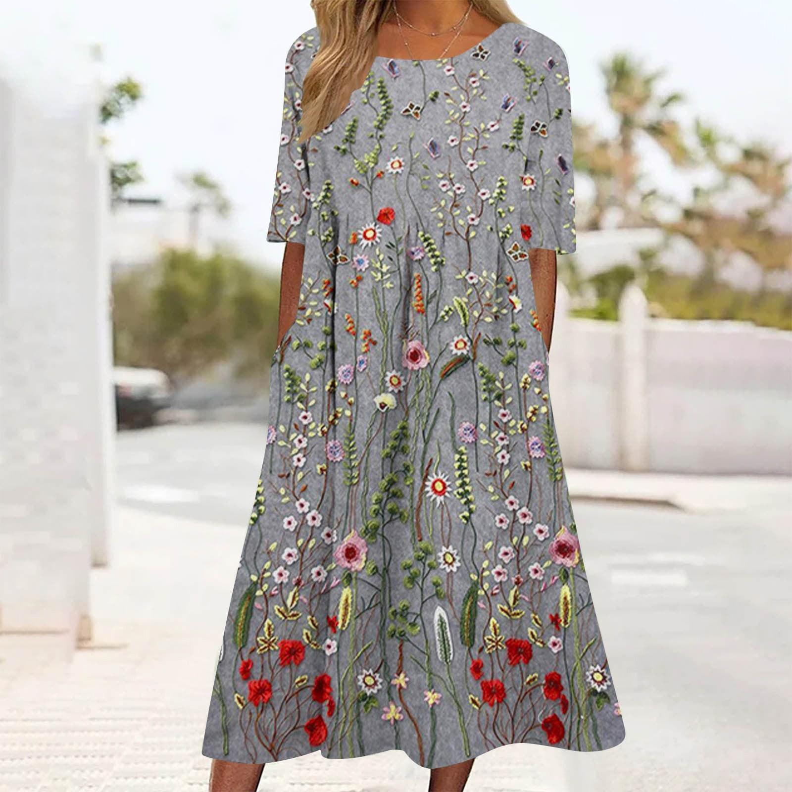 

Женское повседневное платье миди с круглым вырезом и принтом, классическое повседневное свободное платье с коротким рукавом, летнее XXL