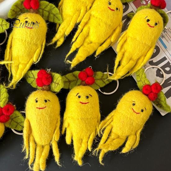 Wool Felt Keychain Ginseng Handmade Fruit Bag Charm with Health Blessing Leaves Soft Fluffy Pendant for Wallet Backpack Handbag Automobile Accessory