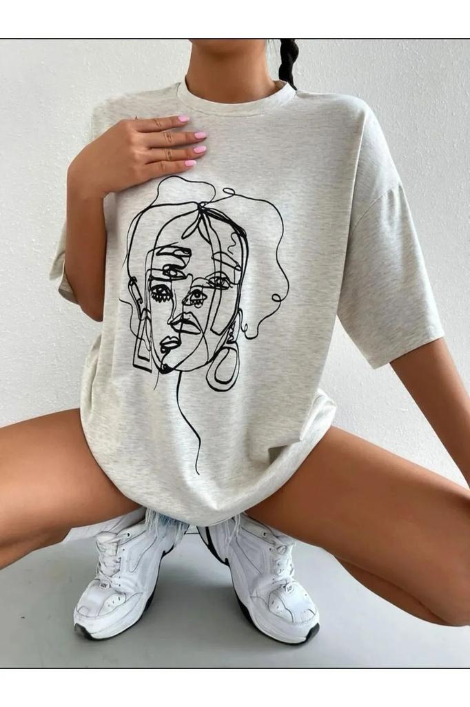 Damen Style Big Size T-Shirt Weißes Oversize-T-Shirt mit Gesichtsdruck