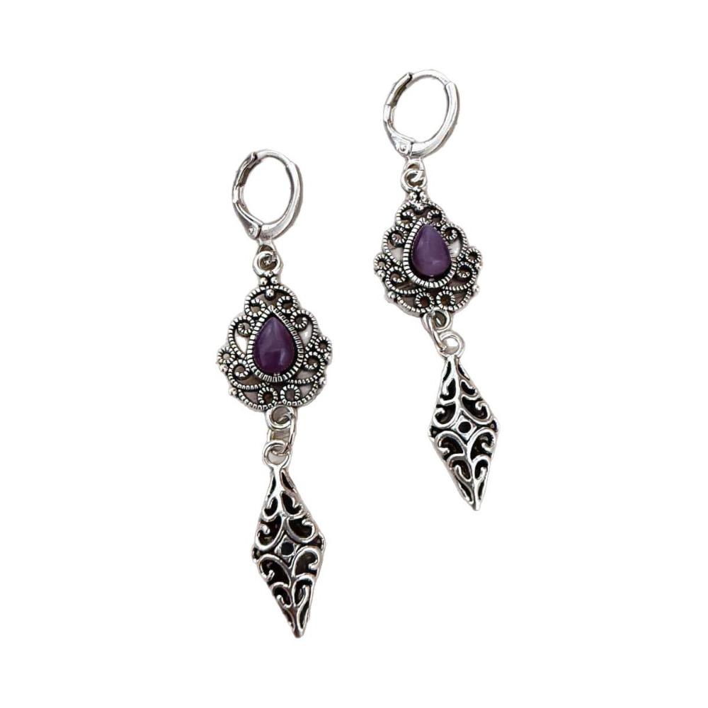 Vintage Ethnic Ancient Silver Filigree Purple Teardrop Gemstone Dangle Earrings for Women Boho Gypsy Hoop Earrings Jewelry Gifts