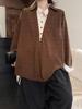 Korean Retro Coffee-Toned Two-Piece Effect Patchwork Shirt - Women's Spring 2026 Long Sleeve Top