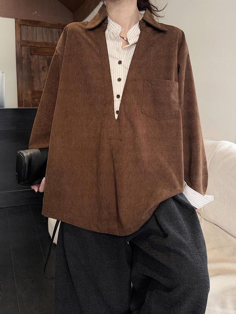 Korean Retro Coffee-Toned Two-Piece Effect Patchwork Shirt - Women's Spring 2026 Long Sleeve Top