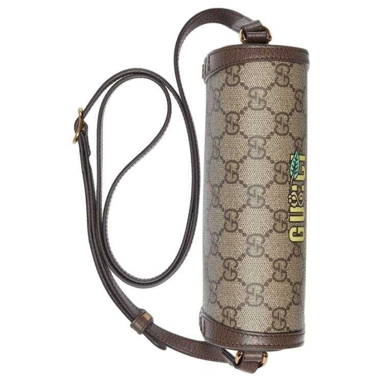 Gucci Cherry Print Logo Leather Trim Supreme Canvas Box Bag Men Shoulder Bag Brown 700733-U5TAG-8679