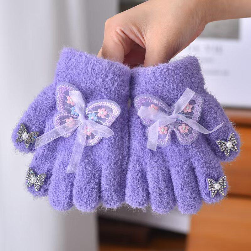 New gloves flower bow full-finger gloves autumn and winter girl finger cute warm thickened cold-proof granular velvet