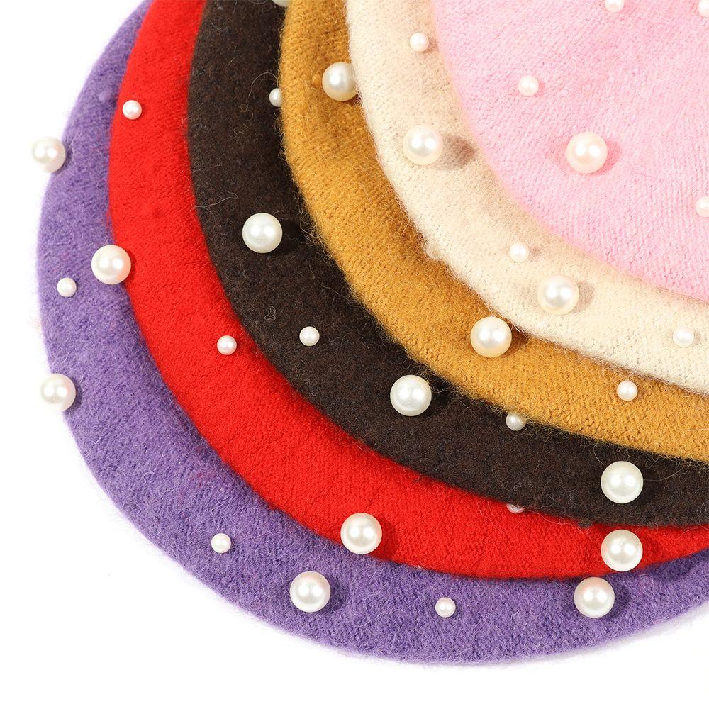 Damen Mädchen Weiche Lässige Elegante Baskenmütze Perle Wolle Malermützen Französische Mütze