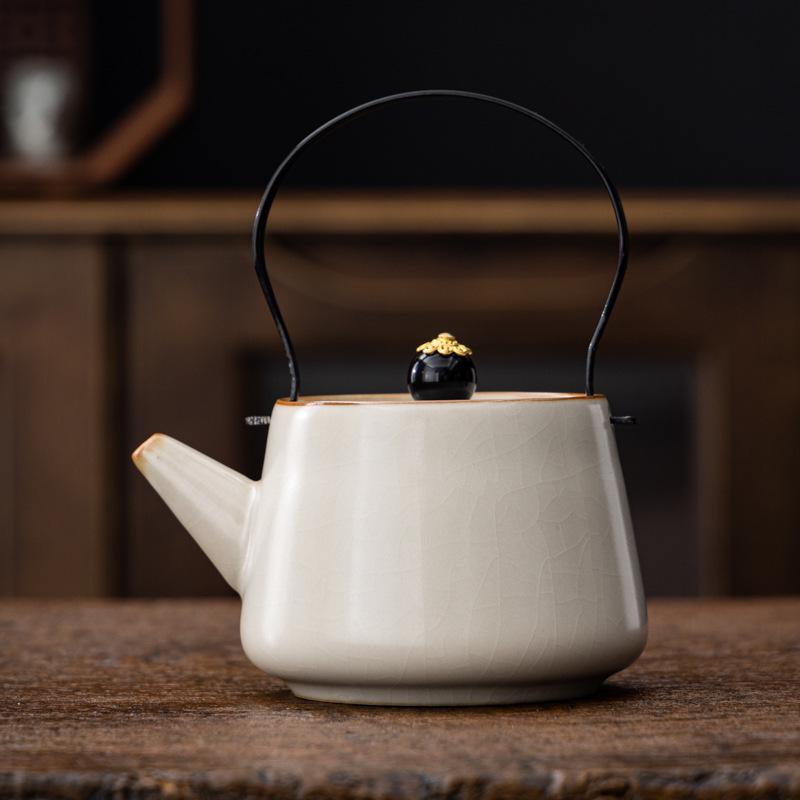 Small Beige Crackle Glaze Ru Ware Xishi Teapot – Ceramic Kung Fu Tea Infuser Set