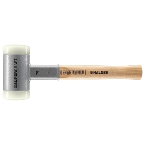 HALDER Shockless Recoilless Supercraft Hammer, Hickory Handle, Nylon (White), 70mm Diameter, 3366.070