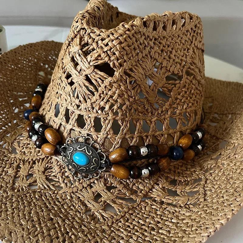 New Vintage Summer Beach Bohemian Straw Hat Shell Women Men Western Cowboy Hats Wooden Beads Hollow Out Sun Hat Holiday Cap