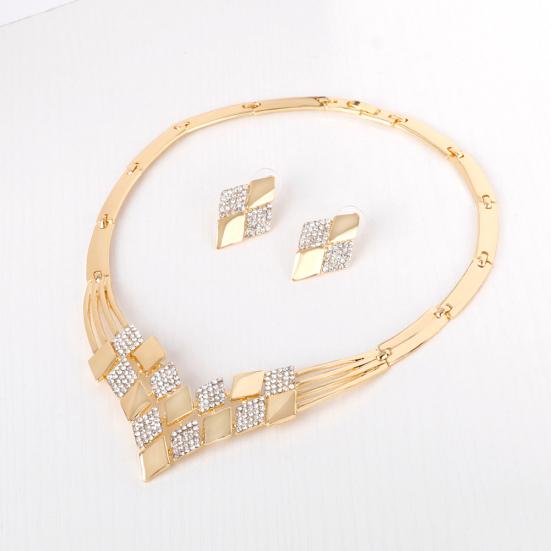 Women KC Gold Plated Rhombus Shape Necklace Earrings Rhinestones Jewelry Set