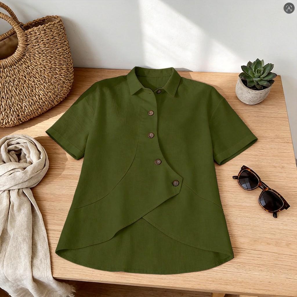 Casual Solid Color Cotton Short Sleeve Shirt For Women With Asymmetric Design For Office Wear