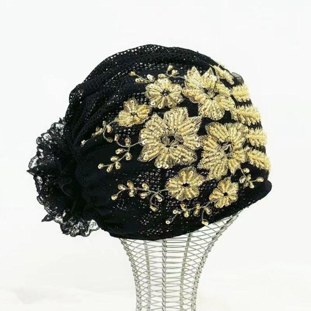 Turban Cap Floral Lace Caps Embroidery Beanie Hair Cover Cap Women Headscarf  Lady Female
