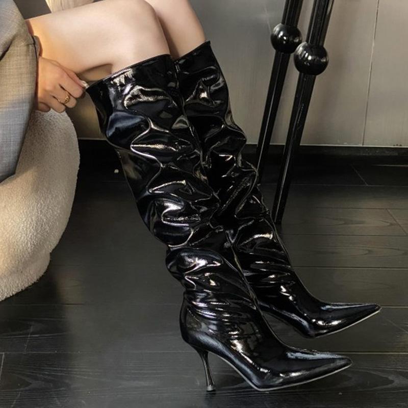Fashion Fashion Pointed Toe Thin High Heels Boots Women Sexy Shiny Pleated Mid Calf Boots Woman Burgundy Black Pu Leather Botas Female