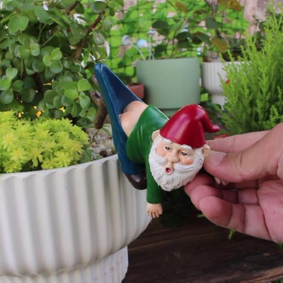 Flowerpot Dwarf Statue Planter Hanging Gnome Figurine Resin Dwarf with Pants Hanging on Branch Ornament for Garden Fence Window Box