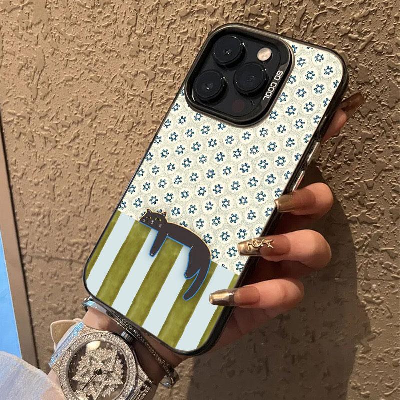 Artistic Black Cat Striped Pattern Laser Phone Case For iPhone 17 15 14 Pro Max Plus 17 Air 16 13 12 Mini 11 Pro Max Cover Funda