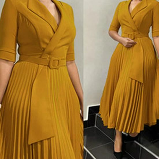 D3352 Autumn/Winter European and American Women's Solid Color Long Sleeve Pleated A-line Dress