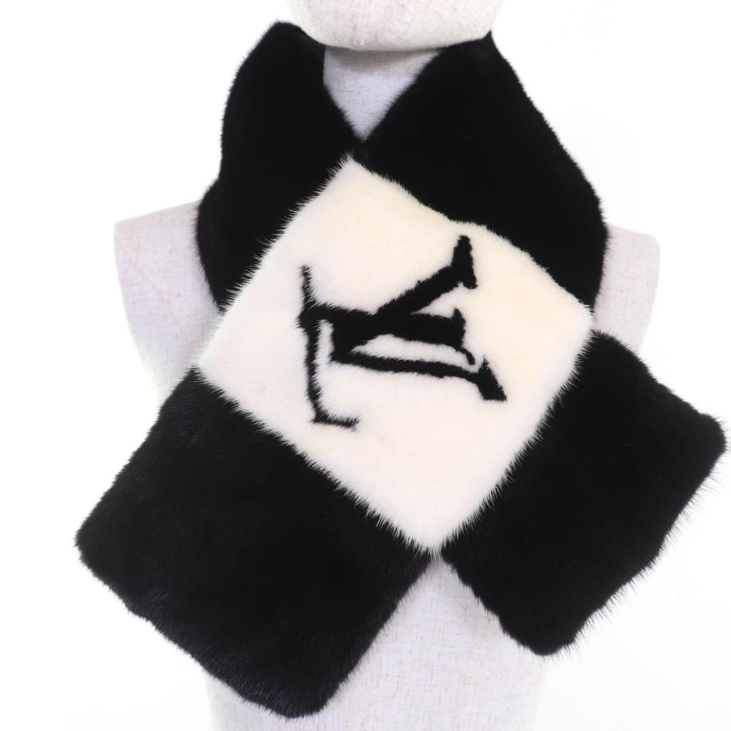 Louis Vuitton Shawl Echarpe Goglam LV Logo Black White Mink Women M77866 Used
