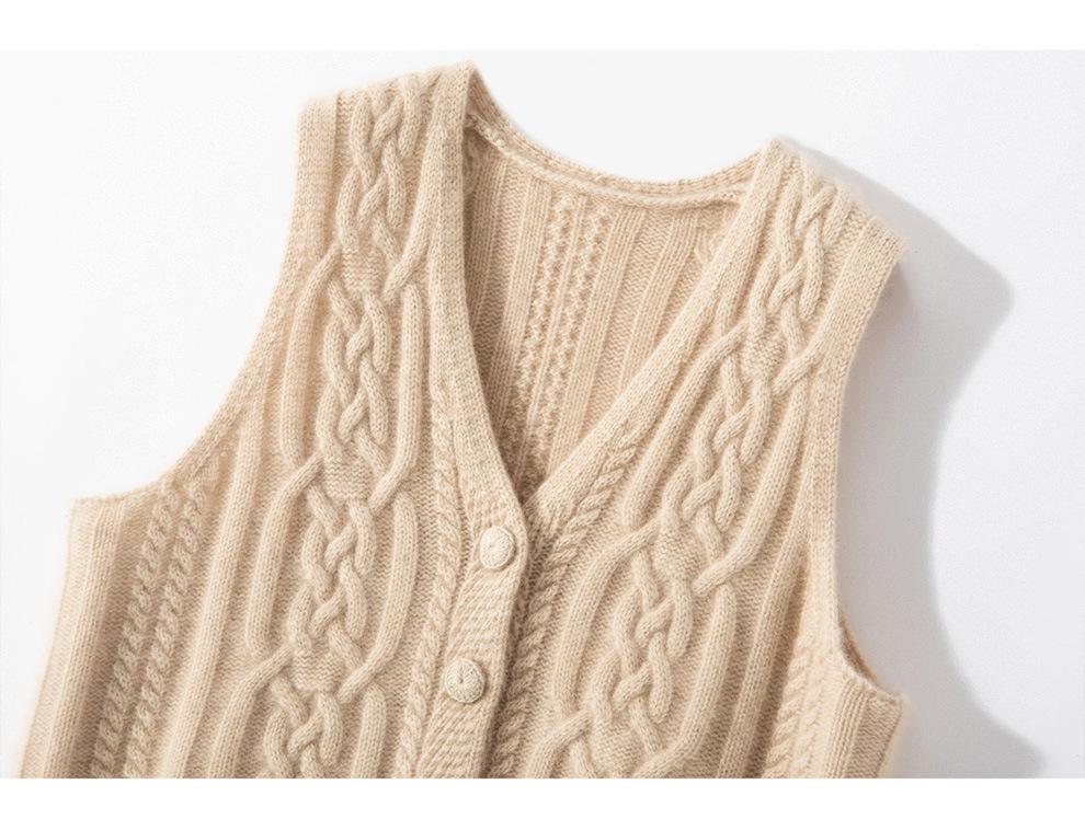 Women's 100% Pure Cashmere Thickened V-neck Cable Knit Cardigan Vest for Autumn/Winter