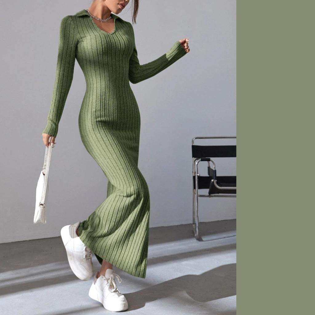 Women's Fashion Knitted Slim-fit Lapel Long-sleeved Pit Striped Tight-fitting Solid Color One-piece Long Skirt