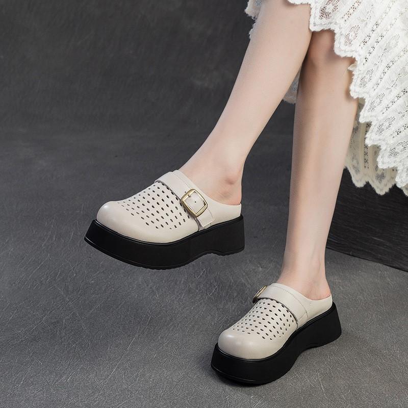 Johnature Sandales pour femmes, semelles épaisses, bout rond, ajourées, respirantes, en cuir véritable