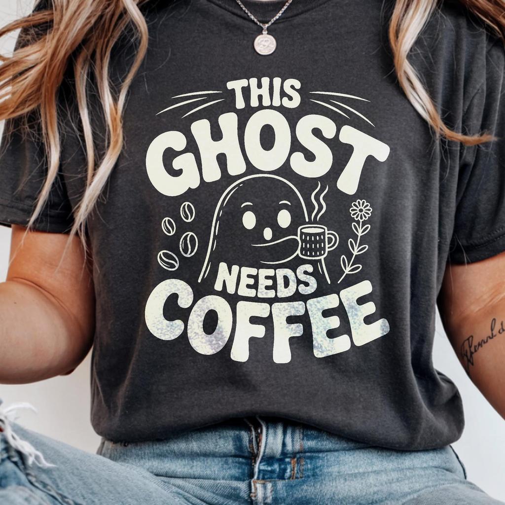 This Ghost Needs Coffee T-Shirt Funny Cute Spooky Caffeine Tee Cozy Goth Anti-Social Retro Halloween Lover Gift